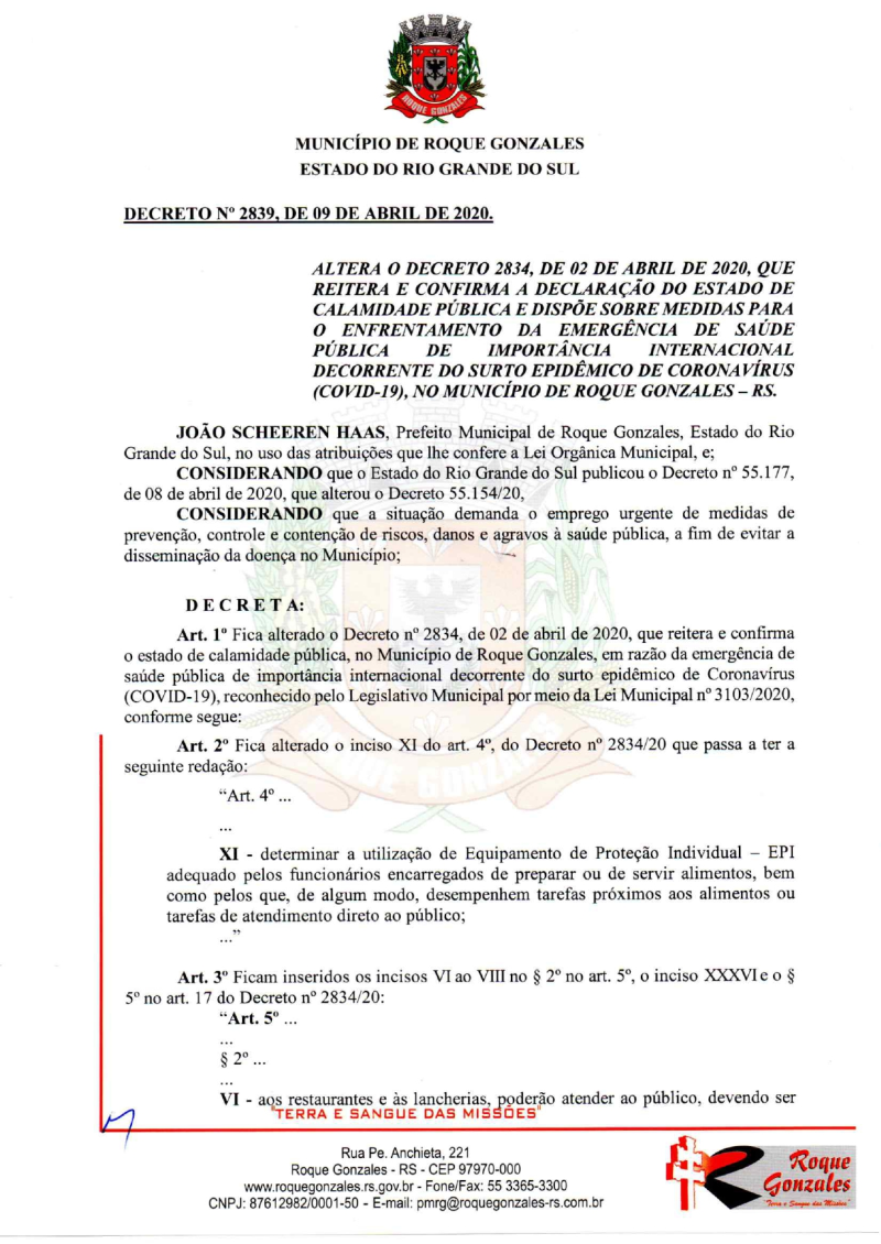 ADMINISTRAÇÃO MUNICIPAL  PUBLICA DECRETO N 2.839/2020 SEGUINDO NORMA DO DECRETO DO GOVERNO DO ESTADO
